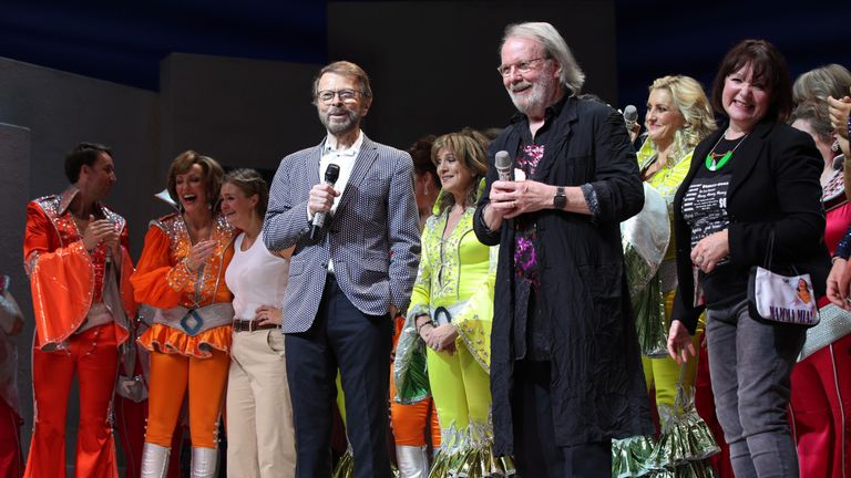 Super troupers: Bjorn Ulvaeus (left) and Benny Andersson appear on stage with Mamma Mia cast members
