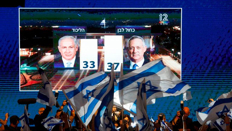 Supporters of the Blue and White alliance wave flags as exit polls emerge
