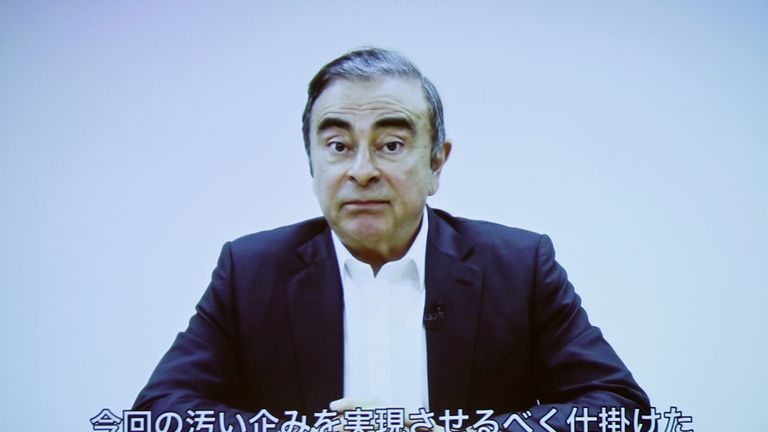 A video statement made by the former Nissan Motor chairman Carlos Ghosn is shown on a screen during a news conference by his lawyers at Foreign Correspondents' Club of Japan in Tokyo, Japan April 9, 2019