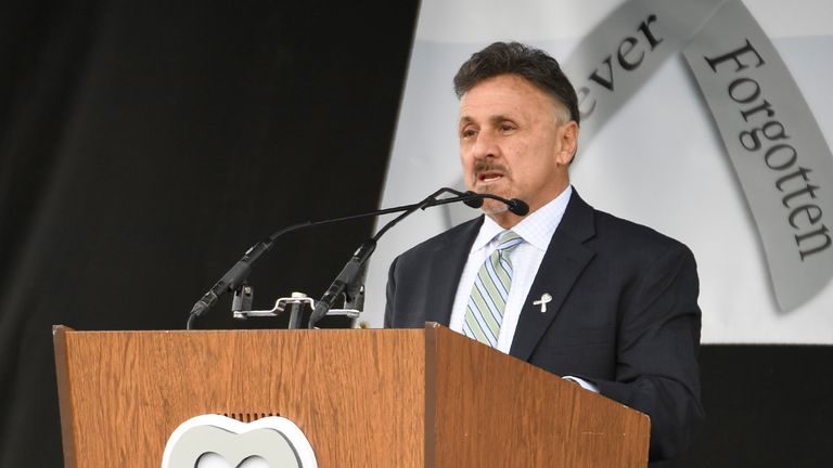 Former Columbine High School principal Frank DeAngelis during the Columbine Remembrance Ceremony at Clement Park in Littleton, Colorado, on April, 20, 2019. - 12 students and one teacher were massacred by two heavily armed students 20 years ago during the Columbine High School shooting on April 20, 1999. (Photo by Jason Connolly / AFP) (Photo credit should read JASON CONNOLLY/AFP/Getty Images)
