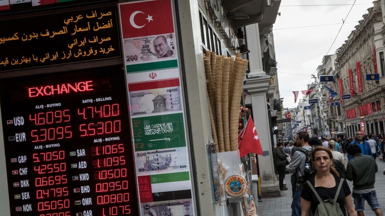 A currency exchange in Istanbul shows exchange rates in May 2018 as the plunge in the value of the Lira gathered pace