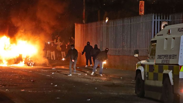 Petrol bombs are thrown at police in Creggan, Londonderry. PRESS ASSOCIATION Photo. Picture date: Thursday April 18, 2019. Photo credit should read: Niall Carson/PA Wire