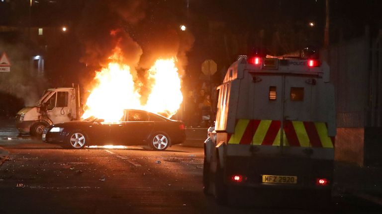 hijacked vehicles one fire in Creggan, Londonderry. PRESS ASSOCIATION Photo. Picture date: Thursday April 18, 2019. Photo credit should read: Niall Carson/PA Wire