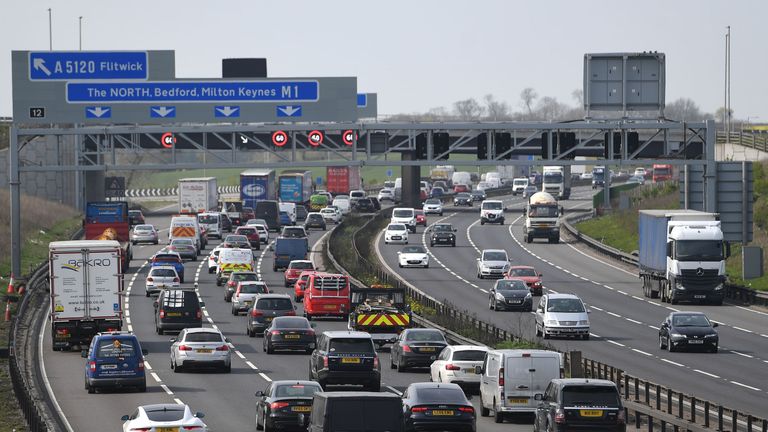 Heavy traffic on the M1 in Bedfordshire on Thursday 