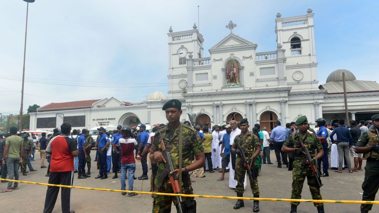 Sri Lankan security personnel keep watch outside the church premises following a blast at the St. Anthony&#39;s Shrine in Kochchikade, Colombo on April 21, 2019. - Explosions have hit three churches and three hotels in and around the Sri Lankan capital of Colombo, police said on April 21. (Photo by ISHARA S. KODIKARA / AFP) (Photo credit should read ISHARA S. KODIKARA/AFP/Getty Images)