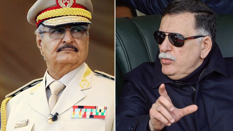 Libya&#39;s unity government Prime Minister Fayez al-Sarraj (R) and Libyan Strongman Khalifa Haftar