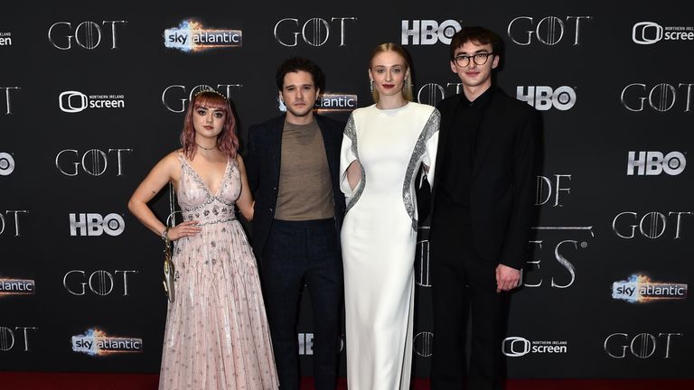  Maisie Williams, Kit Harington, Sophie Turner and Isaac Hempstead Wright attend the 'Game of Thrones' Season 8 screening at the Waterfront Hall on April 12, 2019 in Belfast, Northern Ireland. 