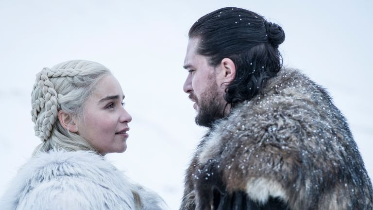 Kit Harington as Jon Snow ABD Emilia Clarke as Daenerys Targaryen in the final season of Game Of Thrones. Pic: Sky Atlantic/ HBO