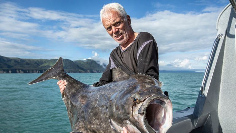 Jeremy Wade holding a halibut in Prince William Sound, Alaska. Pic: Animal Planet