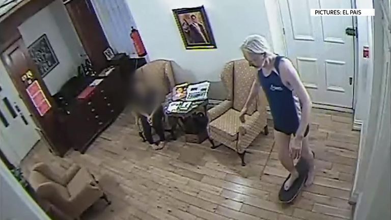 Footage shows Julian Assange skateboarding in the embassy. Pic: El Pais