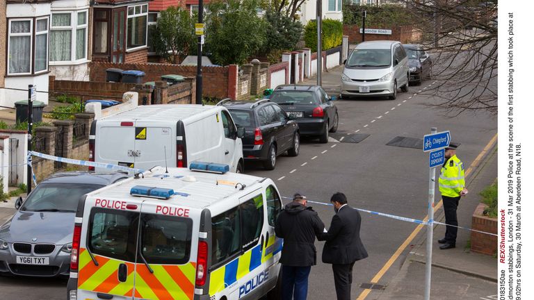 Police at the scene of the first stabbing which took place at Aberdeen Road in Edmonton, London

31 Mar 2019
