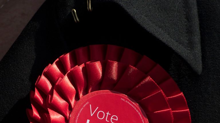 CARDIFF, WALES - MAY 10: A Labour party rosette seen as comedian Eddie Izzard campaigns for the Labour party in Mermaid Quay, Cardiff Bay on May 10, 2017 in Cardiff, Wales. A general election is to be held on June 8, 2017. (Photo by Matthew Horwood/Getty Images)
