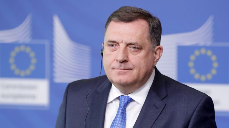 Chairman of the Presidency of Bosnia and Herzegovina Milorad Dodik listens during a press conference at the European Commission in Brussels, Belgium on March 4, 2019. (Photo by EMMANUEL DUNAND / AFP) (Photo credit should read EMMANUEL DUNAND/AFP/Getty Images)

