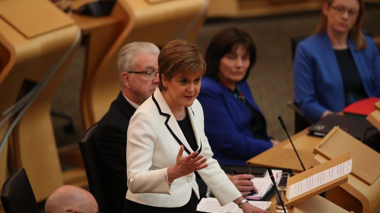 First Minister of Scotland Nicola Sturgeon issues a statement on Brexit and independence in the main chamber at the Scottish Parliament, Edinburgh.