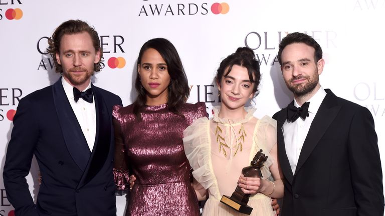 Best actress Patsy Ferran (second right) pictured with presenters Tom Hiddleston, Zawe Ashton and Charlie Cox