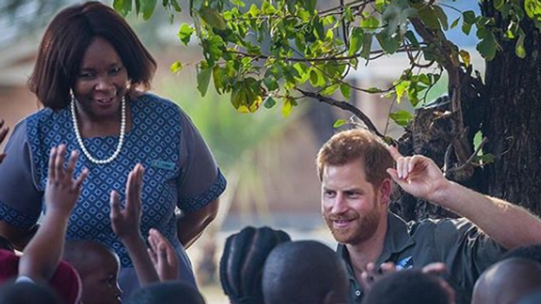 Prince Harry addressing local school children as part of his work for the African Parks Network. Pic: Instagram/@Sussexroyal