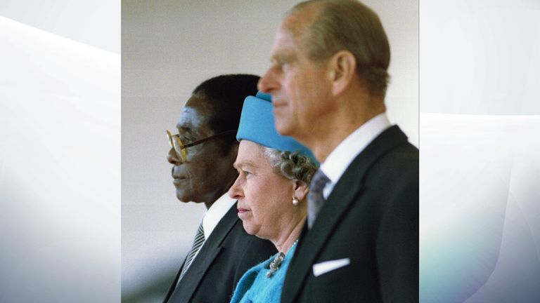 Robert Mugabe with the Queen and Philip