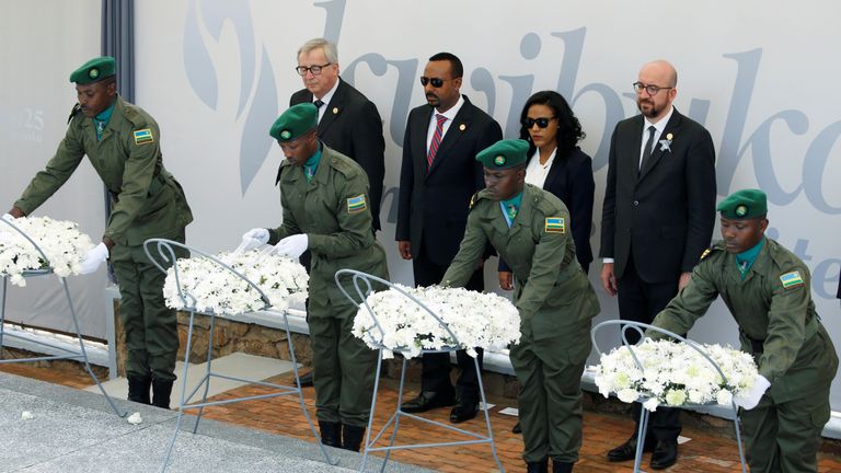 Belgium's Charles Michel, Ethiopia's Abiy Ahmed and Jean-Claude Juncker attend a wreath laying ceremony