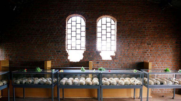 Sculls of victims of the Rwandan genocide on display inside the church where they were killed