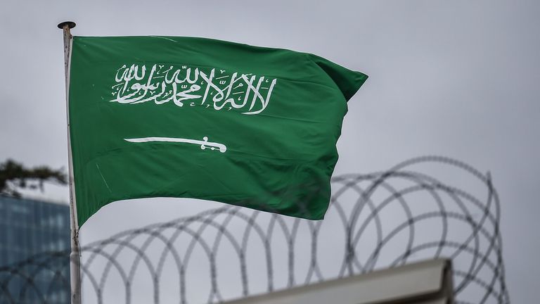 A Saudi Arabia flag flies on the top of their consulate building on January 10, 2019 in Istanbul