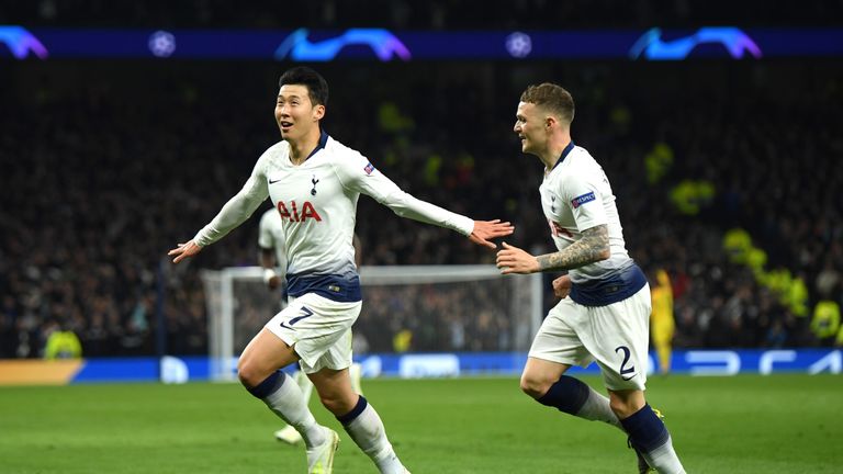 Heung-Min Son celebrates scoring Tottenham&#39;s winning goal in the Champions League quarter final first leg