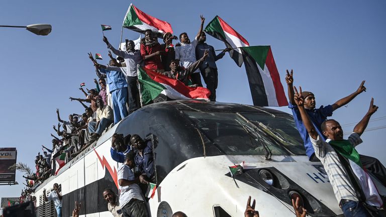 There was celebration as a train from the region where the protests began arrived in Khartoum