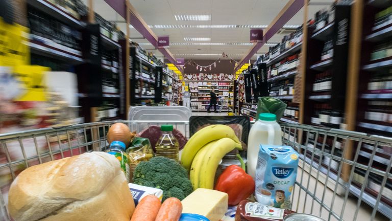 In this photo illustration, a basket of goods is seen in a supermarket on February 6, 2018 in Bristol, England