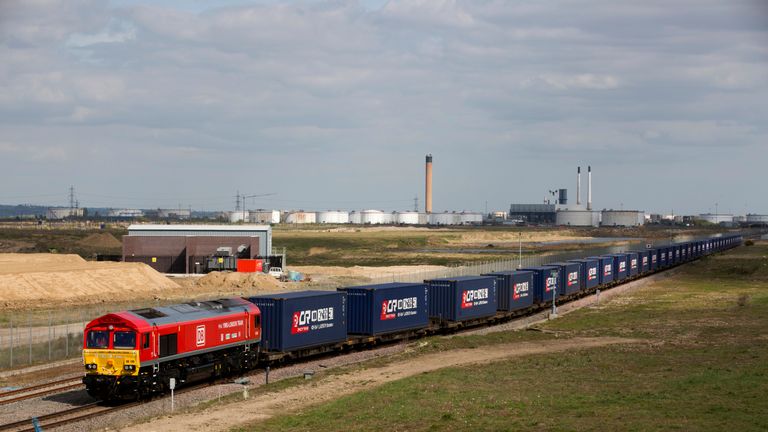 A freight train transporting containers laden with goods from the UK heading to China in 2017 