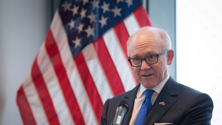 US ambassador Woody Johnson speaks during a press preview at the new United States embassy building 