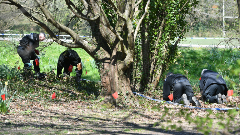 Police searching Ystrad Mynach Park in South Wales where a 13-year-old boy died after being found unconscious on Friday evening.