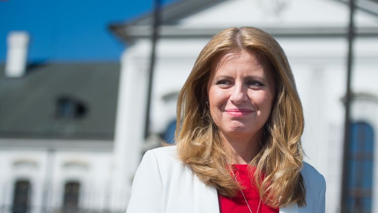 Newly elected Slovakia&#39;s President elect Zuzana Caputova speaks in the front of the Presidential palace in Bratislava