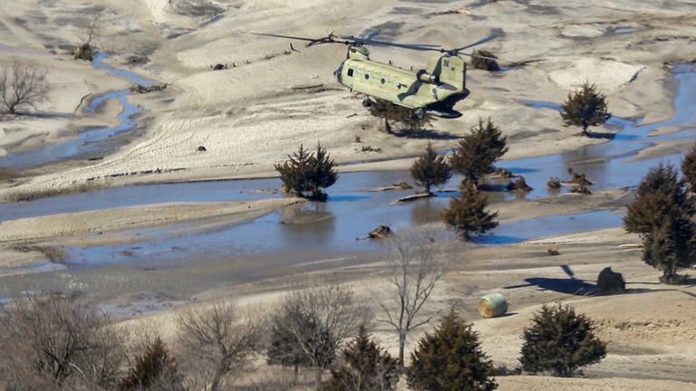 The National Guard drops bales of hay to cattle isolated by flooding in Richland, Nebraska