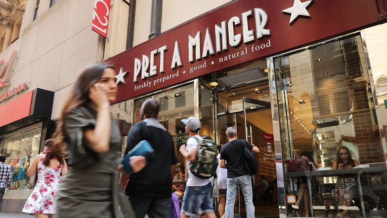 NEW YORK, NY - MAY 29:  People walk by a Pret A Manger food chain in lower Manhattan on May 29, 2018 in New York City. The Luxembourg-based holding company JAB said on Tuesday that it had purchased the UK sandwich chain, which operates 530 stores that generated sales $1.2 billion in 2017, from private equity owner Bridgepoint and minority shareholders. Pret stores primarily sell sandwiches, salads and coffee that often appeal to a more health conscious clientele.  (Photo by Spencer Platt/Getty Images)