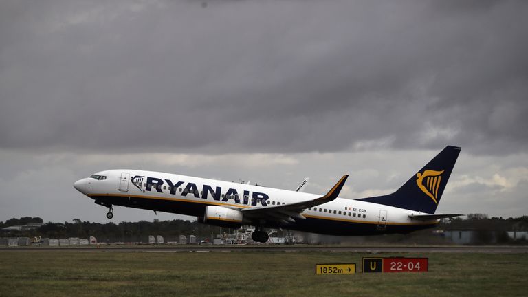 LONDON, ENGLAND - OCTOBER 20:  A Ryanair plane departs from Stansted Airport on October 20, 2016 in London, England. Ryanair has reduced its profit forecast following the drop in the pound after the Brexit vote.  (Photo by Dan Kitwood/Getty Images)