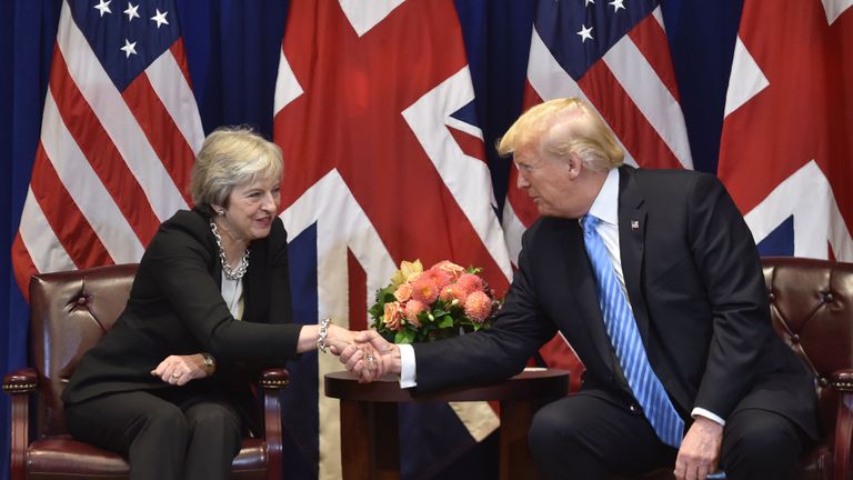 British Prime Minister Theresa May meets with US President Donald Trump, September 26, 2018 on the sidelines of the United Nations General Assembly (UNGA) in New York. (Photo by Nicholas Kamm / AFP)        (Photo credit should read NICHOLAS KAMM/AFP/Getty Images)