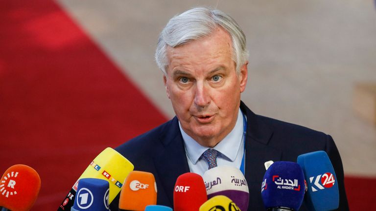 Brexit Chief Negotiator Michel Barnier talks to the press as he arrives at the EU summit meeting, Wednesday 10 April 2019, at the European Union headquarters in Brussels. BELGA PHOTO THIERRY ROGE        (Photo credit should read THIERRY ROGE/AFP/Getty Images)