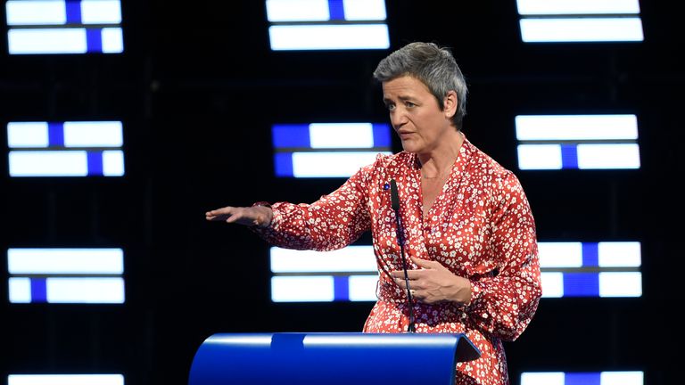 Danish candidate for the European Commission Presidency Margrethe Vestager of the Alliance of Liberals and Democrats for Europe (ALDE) gives a speech during a EPP election-night event for European parliamentary elections in Brussels on May 26, 2019. (Photo by JOHN THYS / AFP)        (Photo credit should read JOHN THYS/AFP/Getty Images)