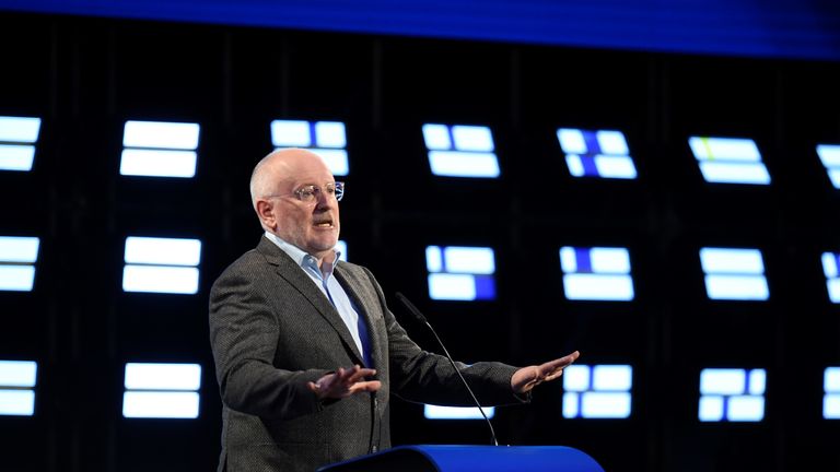 Frans Timmermans, European Commission Vice President and top candidate of the Party of European Socialists (PES) for Commission President position, gives a speech during a EPP election-nightgives a speech during a EPP election-night event for European parliamentary elections in Brussels on May 26, 2019. (Photo by JOHN THYS / AFP) / The erroneous mention[s] appearing in the metadata of this photo by JOHN THYS                  has been modified in AFP systems in the following manner: [Frans Timmermans, European Commission Vice President and top candidate of the Party of European Socialists (PES) ] instead of [Manfred WEber]. Please immediately remove the erroneous mention[s] from all your online services and delete it (them) from your servers. If you have been authorized by AFP to distribute it (them) to third parties, please ensure that the same actions are carried out by them. Failure to promptly comply with these instructions will entail liability on your part for any continued or post notification usage. Therefore we thank you very much for all your attention and prompt action. We are sorry for the inconvenience this notification may cause and remain at your disposal for any further information you may require.        (Photo credit should read JOHN THYS/AFP/Getty Images)