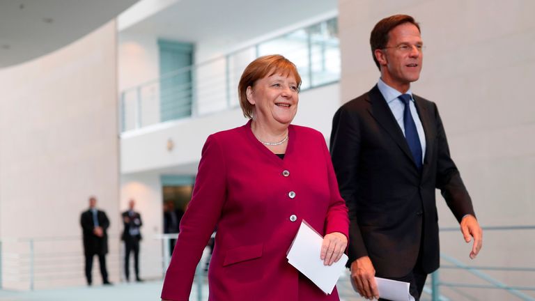 German Chancellor Angela Merkel and the Prime Minister of the Netherlands Mark Rutte arrive to give a press conference on May 16, 2019 at the Chancellery in Berlin. (Photo by Odd ANDERSEN / AFP)        (Photo credit should read ODD ANDERSEN/AFP/Getty Images)