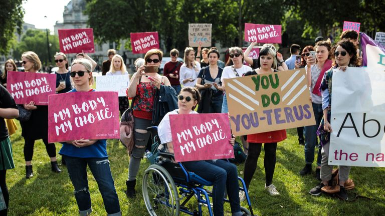 Pro-choice campaigners protesting Northern Ireland's abortion laws demonstrate outside the Houses of Parliament last year