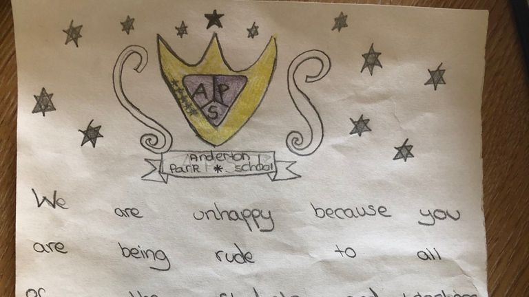 The letter written by two pupils at Anderton Park Primary School
