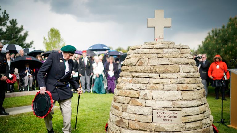 Battle of Monte Cassino veteran Bryan Woolnough, aged 96, lays a wreath at the Battle of Monte Cassino memorial during a commemorative ceremony marking the 75th anniversary of the "Forgotten Campaign" at The National Memorial Arboretum on May 11, 2019 in Stafford, England