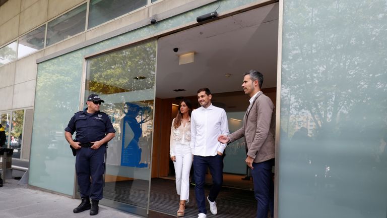 Spanish soccer player Iker Casillas leaves CUF Porto hospital accompanied by his wife Sara Carbonero in Porto, Portugal May 6, 2019. REUTERS/Rafael Marchante