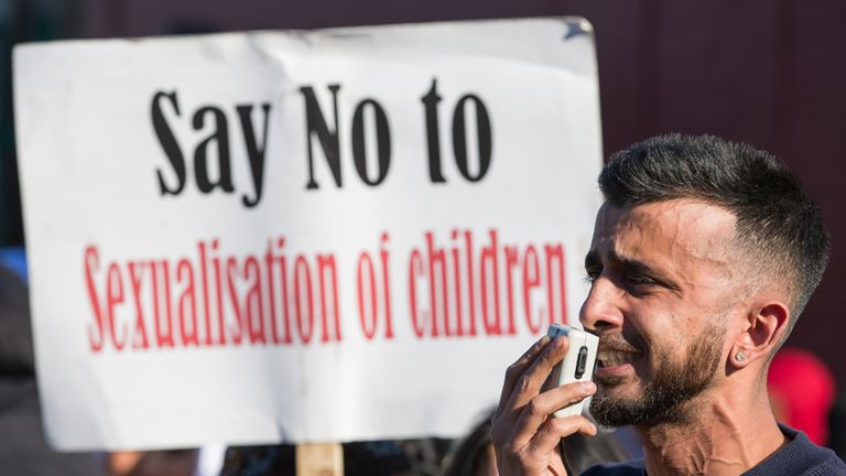 Parents, children and protestors demonstrate against the lessons about gay relationships, which teaches children about LGBT rights at the Anderton Park Primary School, Birmingham