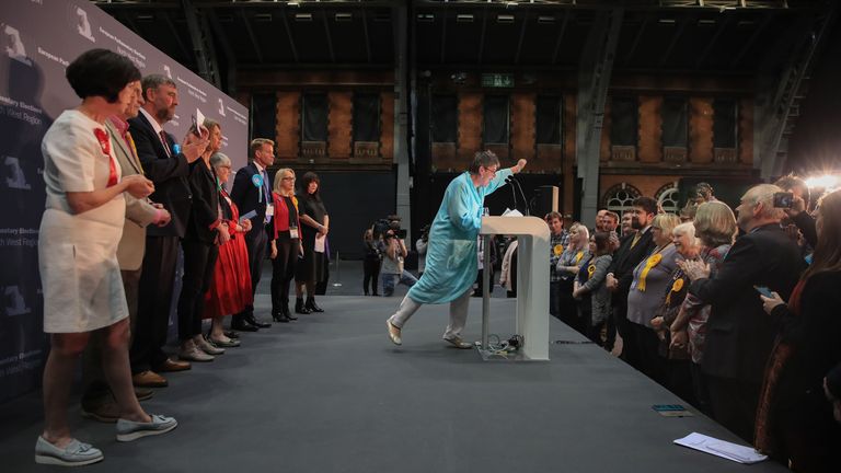 Brexit Party's Claire Fox speaks on stage after the results were announced during the European Parliamentary elections count at the Central Convention Complex in Manchester. PRESS ASSOCIATION Photo. Picture date: Monday May 27, 2019. See PA story POLL Main. Photo credit should read: Peter Byrne/PA Wire