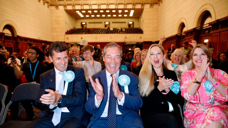 Brexit Party leader Nigel Farage reacts after the European Parliament election results for the UK South East Region 
