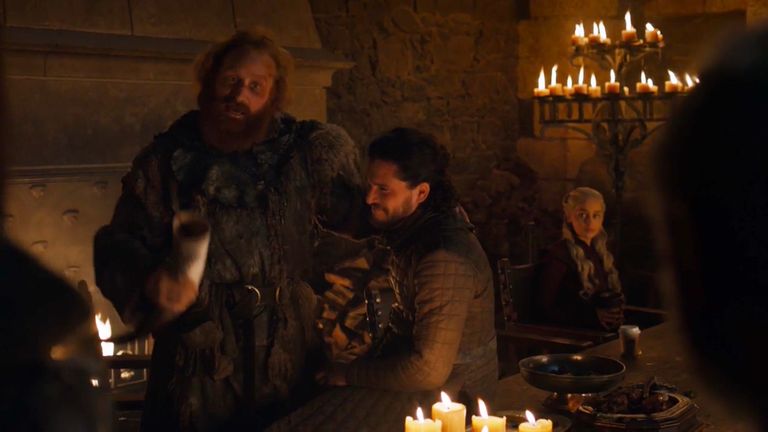 Game Of Thrones fans spotted an erroneous modern-day coffee cup in front of Daenerys Targaryen in season eight, episode four. Pic: Sky Atlantic/ HBO