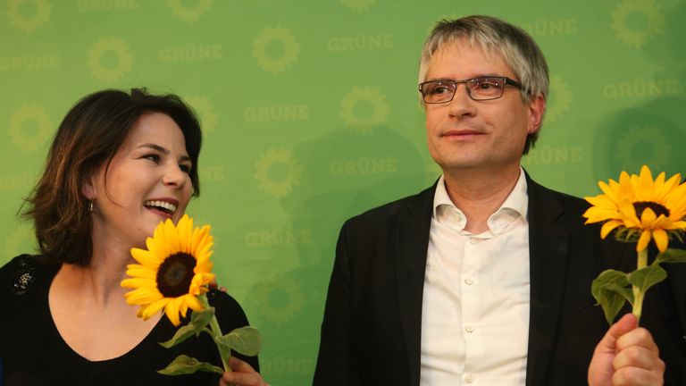 Annalena Baerbock and Sven Giegold, of the German greens celebrate their success in the European elections