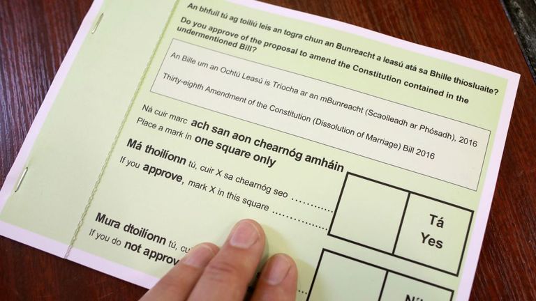 A voter's ballot paper to be used in Ireland's 2019 referendum on changing the current Dissolution of Marriage bill (divorce bill), is pictured at a polling station in Dublin on May 24, 2019, as voting continues in the European Elections, and in Ireland's Local Elections and the Divorce Referendum, all being held concurrently.