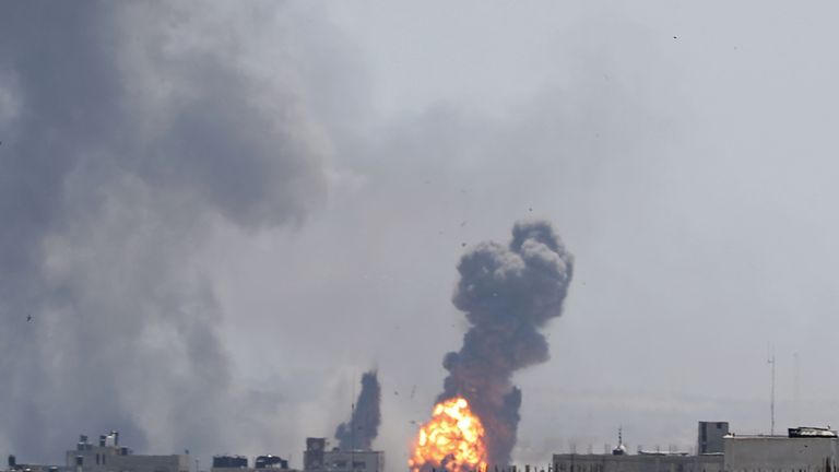 A ball of fire is seen during Israeli air strikes in Gaza on Saturday